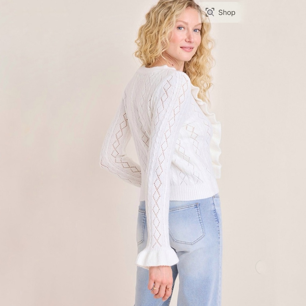 Francesca’s Lorain Ruffle Knit Sweater in White NWT